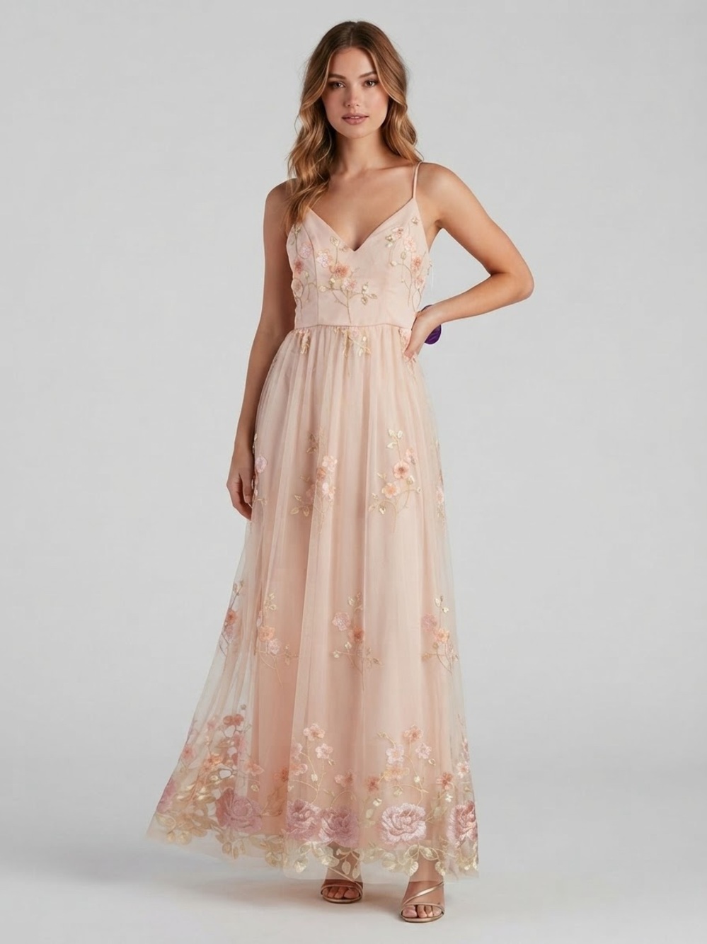 Windsor Blush Pink Floral Embroidered Spaghetti-Strap Maxi Dress